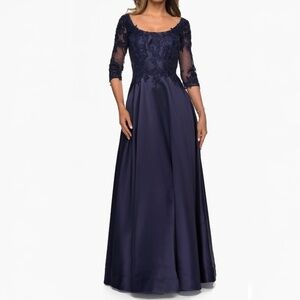 La Femme‎ - Three Quarter Sleeve Gown with Lace Sheer Back